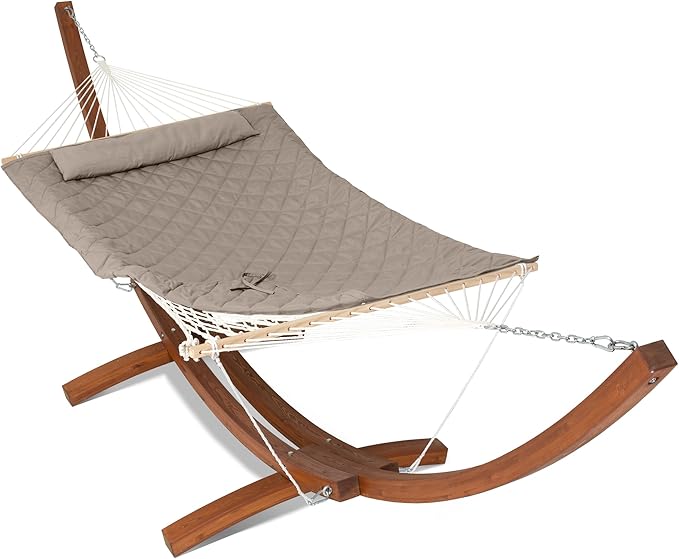 ANOW 13.5FT Curved Wooden Stand with Rope Hammock, Heavy Duty Larch Wood Arc Stand with 2 Chains, 4 Balance Ropes and 4 Carabiners, Includes Light Brown Hammock with Spreader Bars