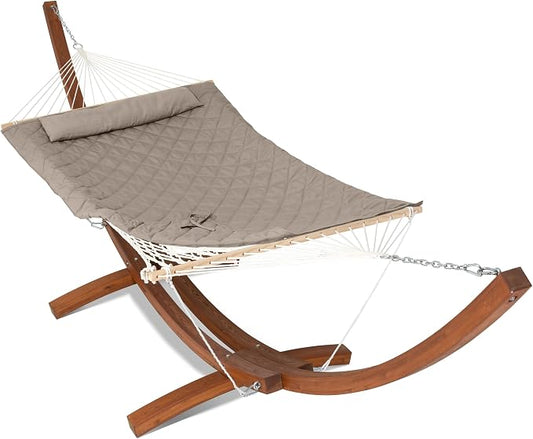 ANOW 13.5FT Curved Wooden Stand with Rope Hammock, Heavy Duty Larch Wood Arc Stand with 2 Chains, 4 Balance Ropes and 4 Carabiners, Includes Light Brown Hammock with Spreader Bars