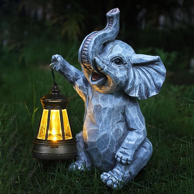Garden Statues Elephant Solar Figurine Decor Outdoor Waterproof Lights, Yard Decorations, Garden Decor Unique Birthday Housewarming Gifts for Mom (Elephant 2)