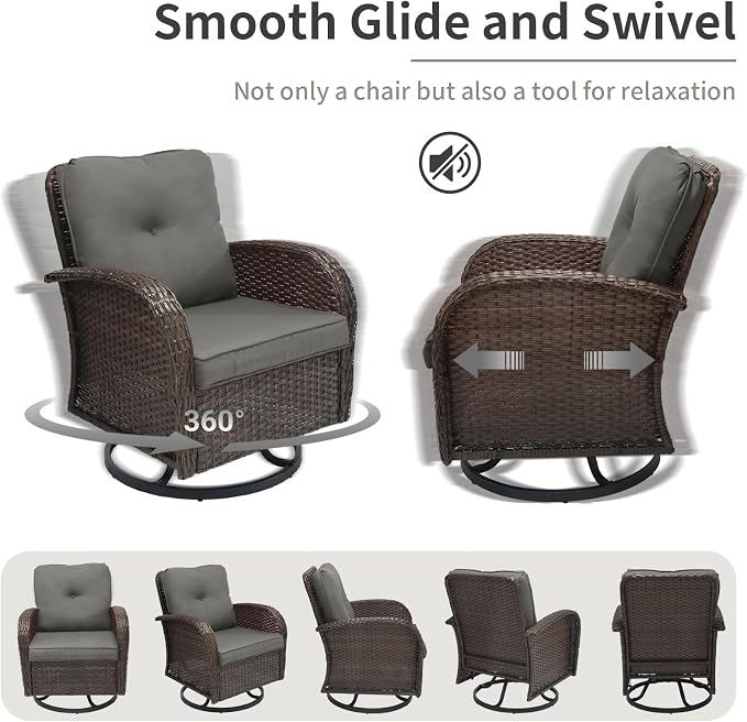 Outdoor Swivel Rocker Patio Chairs 3 Pieces，Swivel Patio Chairs with Cushions，Outdoor Swivel Rocking Chairs Set of 2 with Rattan Side Table，Patio Furniture Set for Outside Porch Deck