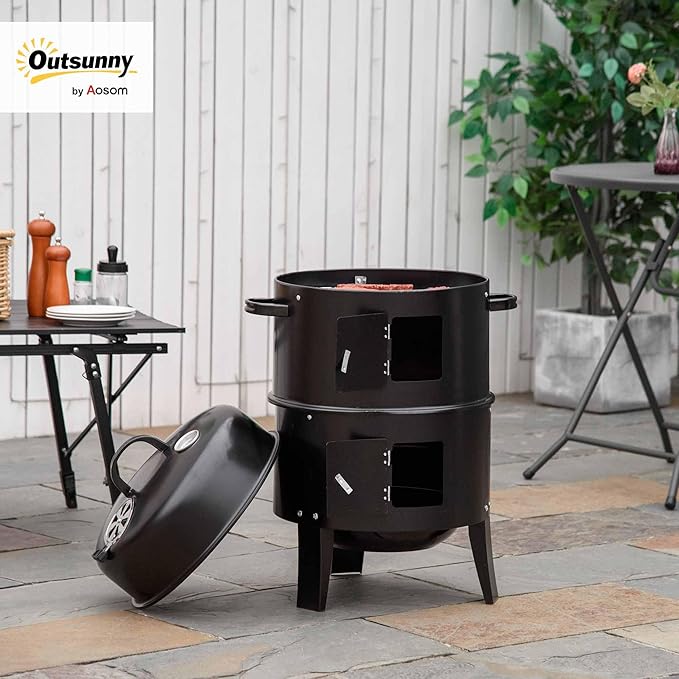 Outsunny Vertical Charcoal BBQ Smoker, 3-in-1 16" Round Charcoal Barbecue Grill with 2 Cooking Area, and Thermometer for Outdoor Camping Picnic Backyard Cooking, Black