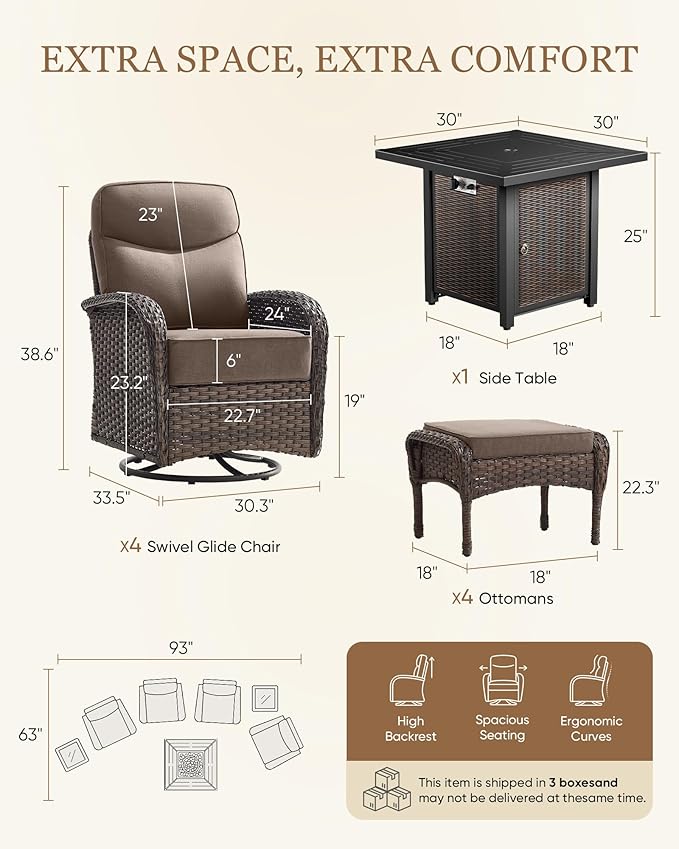 Belord Upgraded 6“ Cushion Luxury 7 Piece Patio Furniture Set with Fire Pit Table - Outdoor Furniture Set with High Back Swivel Rocker Patio Chairs, Conversation Set for Deck Porch Yard - Brown/Grey