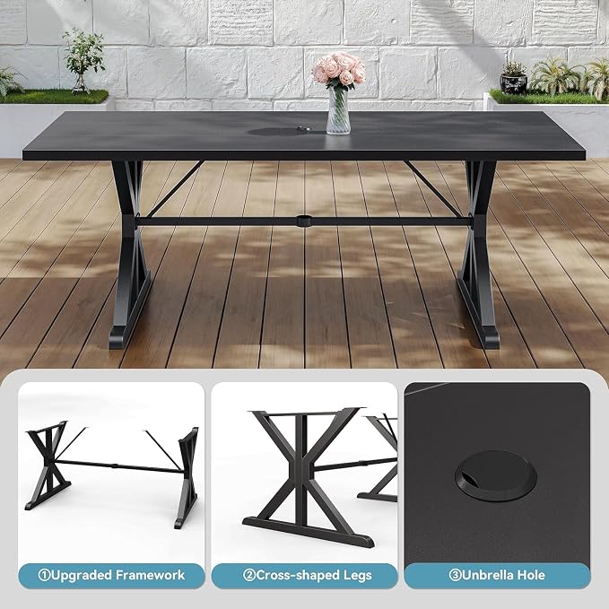 7 Pieces Outdoor Patio Dining Set,Patio Table and Chairs Metal Outdoor Patio Furniture Set with Umbrella Hole,Dining Table Set with 6 Swivel Chairs for Deck,Backyard and Garden,Brown