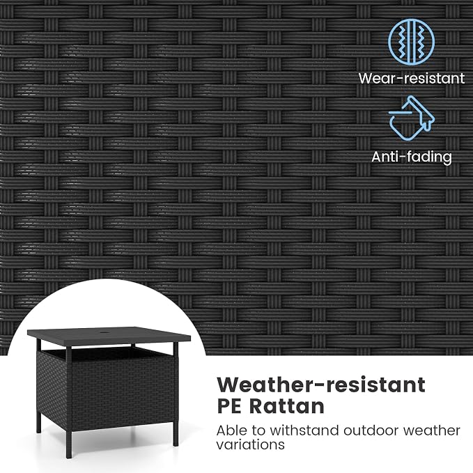 HAPPYGRILL Patio Umbrella Table Stand, Rattan Outdoor Side Table with Umbrella Hole, PE Wicker Frame, for Patio Garden Deck Poolside (Black)