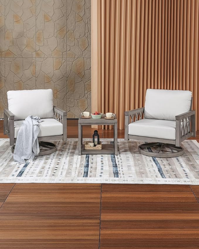 3-Piece Aluminum Swivel Patio Furniture Set, Outdoor Patio Bistro Set with 2 Swivel Sofa Armchairs and Side Table, Rustproof Patio Conversation Set with Cushions for Deck, Balcony, Limed Oak