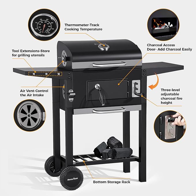 MASTER COOK Charcoal Grills with Two Foldable Side Tables, 353 Sq.In Cooking Area Outdoor Smoke Barbecue bbq Grill for Camping, Backyard Party, Patio, Picnic, Garden, Black,18"D x 43"W x 37"H
