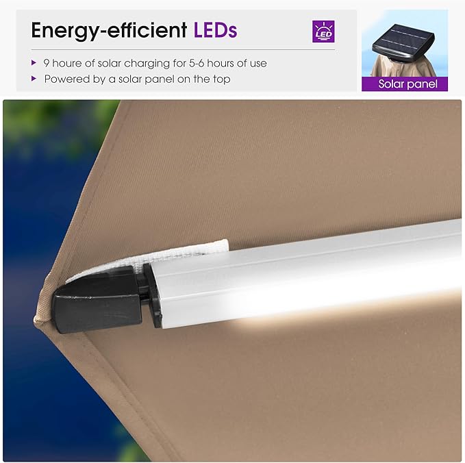 PURPLE LEAF Cantilever Umbrella with Base 13ft Outdoor Round Patio Solar Powered LED Umbrella with 360-degree Rotation for Garden Deck Pool Patio, Beige