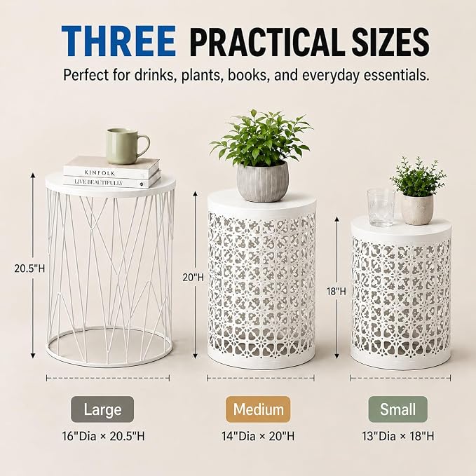 Y&M Outdoor Side Tables, Set of 3 Metal Stacking Patio Side Tables for Outside, Round Indoor End Tables, Coffee Accent Poolside Tables for Patio Garden Balcony, White