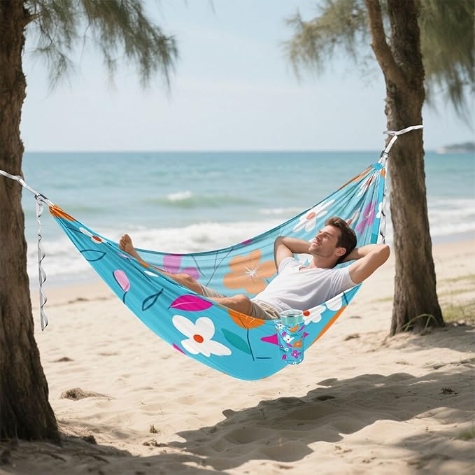 Blue Background Colorful Flowers 330lb Capacity Outdoor Hammocks with Tree Straps Cloth Hammock for Camping & Hiking Essential soporte para hamacas para adultos