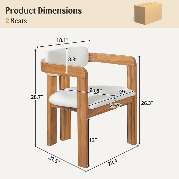 Merax Outdoor Acacia Wood Dining Chairs Set of 2, Modern Solid Wood Patio Chairs with Beige Cushions & Backrest, Outdoor Armchairs Seating Furntiure for Patio Garden Balcony Backyard