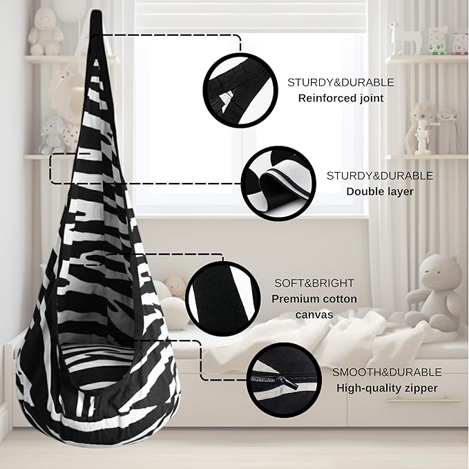 Calming Sensory Swing — Indoor Sensory Hammock for Kids & Adults, Supports up to 170 lb (77 kg), Double-Layer Canvas Fabric, Hanging Hardware Included, Black-White