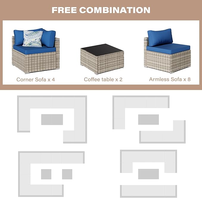 14-Piece Gray Rattan Patio Furniture Sets, Outdoor Conversation Sofa Sets with Water Resistant Blue Cushions & Tempered Glass Coffee Table, Modular Outdoor Sectional Sofa Sets with 2 Pillows