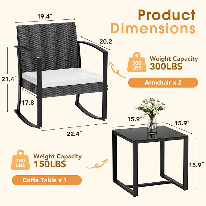 Greesum 3 Pieces Outdoor Furniture Set Patio Bistro Rocking Chairs with Glass Coffee Table for Pool Beach Backyard Balcony Porch Deck Garden, White