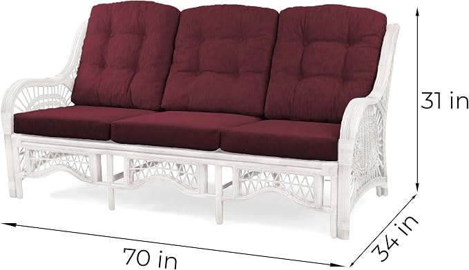 Malibu Lounge Set of 4: 2 Natural Rattan Wicker Chairs, Three-Seater Sofa with Dark Brown Cushions and Coffee Table with Glass Handmade, White Color
