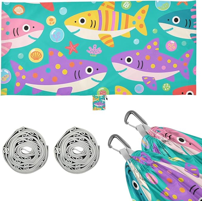 Cute Cartoon Colorful Sharks 330lb Capacity Hammocks with Hanging Rope Hanging Hammock for Outside Patio Backyard Poolside hamacas para adultos