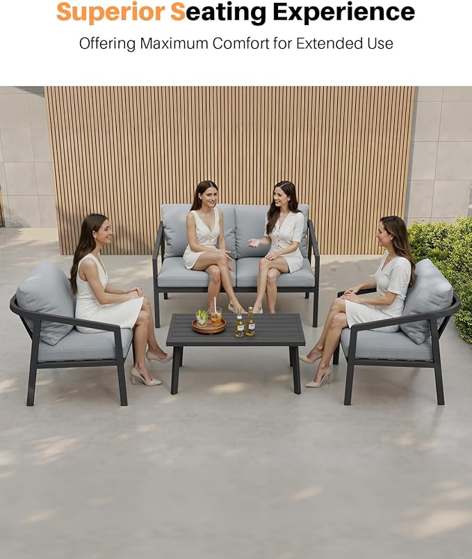 4 Pieces Outdoor Sofa Set, Never-Rust Aluminum Patio Conversation Set with Removable Cushions, Patio Furniture Set with Patio Loveseat, 2 Sofa Armchairs and Coffee Table for Pool, Deck, Black