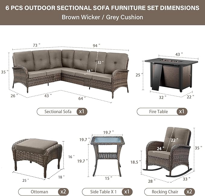 Belord 8 Pieces Patio Conversation Set with 43” Propane Fire Pit Table, Outdoor Sectional Furniture Sofa Set with Removable Gray Cushions for Patio Deck Backyard Brown