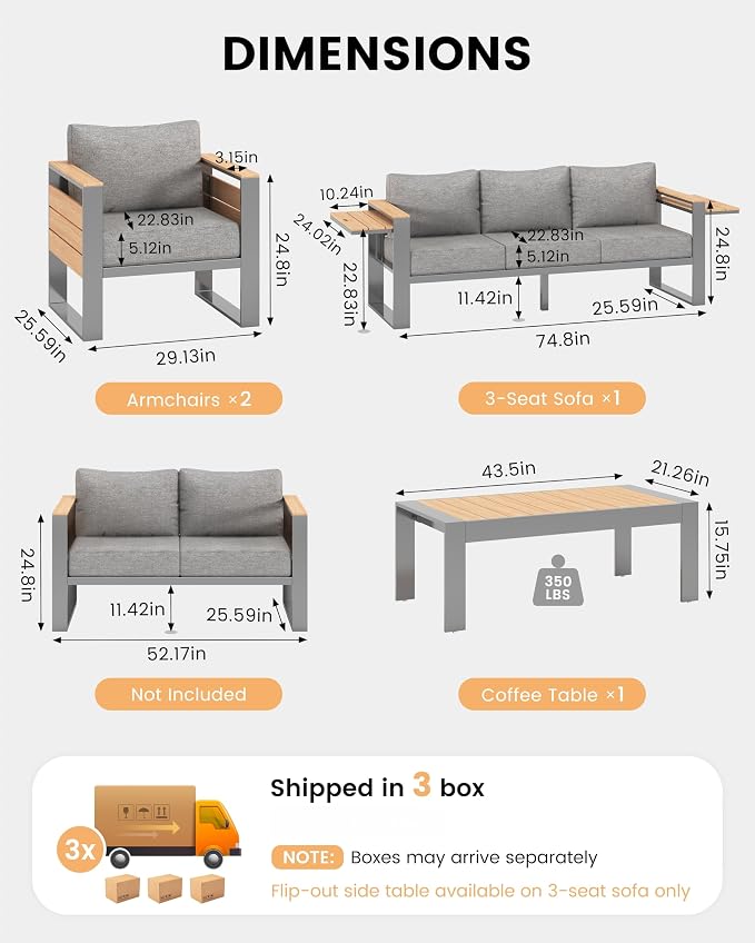 Sundale Outdoor Aluminum Patio Furniture Set, 4 Piece Metal Patio Conversation Sets with 5" Thick Cushions, Shimmer Coated Outdoor Couch with 2 Extendable Side Tables for Yard, Deck (Grey)
