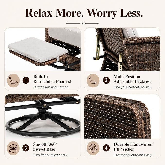 Yechen 3 Piece Outdoor Patio Wicker Chairs with Footrest and Adjustable Backrest, Furniture Set with 2 Swivel Chairs and Side Table, Thickened Seat Cushions for Porch Deck Backyard, Cool Greige