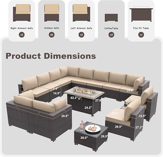 Patio Furniture Set with Fire Pit Table 15 PCS Outdoor Sectional Furniture Rattan Patio Conversation Set with 43in Propane Gas Fire Pit Table and Glass Table, Sand