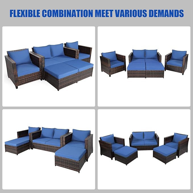 Tangkula 5 Pieces Patio Wicker Furniture Set, Outdoor Rattan Sofa Set with Removable Cushions, Loveseat with 2 Single Sofas & 2 Ottoman, Sectional Sunbed Conversation Set for Yard, Garden, Poolside