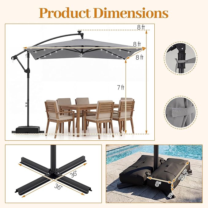 Tangkula 8x8 FT Solar Patio Umbrella with Base Included, Square Offset Cantilever Outdoor Umbrella with 360 Degree Rotation, 32 LED Lights, Crank Handle, 2 Sandbags, 8 Ribs, Air Vent for Pool Deck Garden Backyard