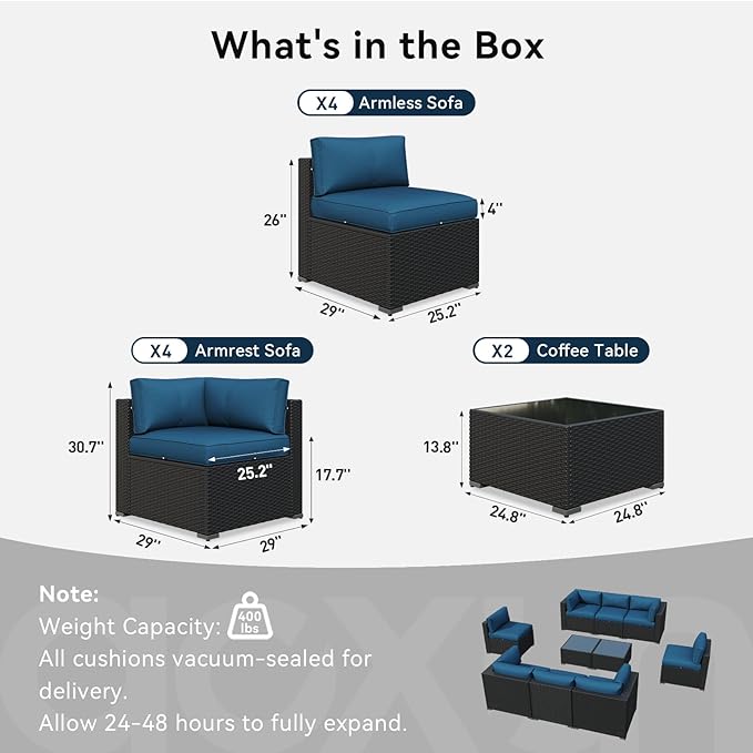LazySunsets 10 Piece Outdoor Patio Furniture Set with Coffee Table, Outdoor Patio Furniture Sets with Waterproof Cover, Wicker Rattan Outdoor Conversation Set for Backyard & Garden, Peacock Blue