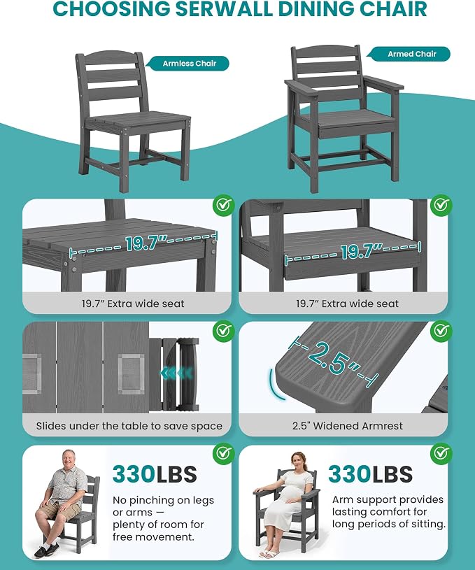 SERWALL Armless Outdoor Dining Cahir Set of 2, Gray | SERWALL Patio Dining Chair, All Weather Dining Chair Set of 2, Outdoor Dining Chair with Widened Seat, Gray