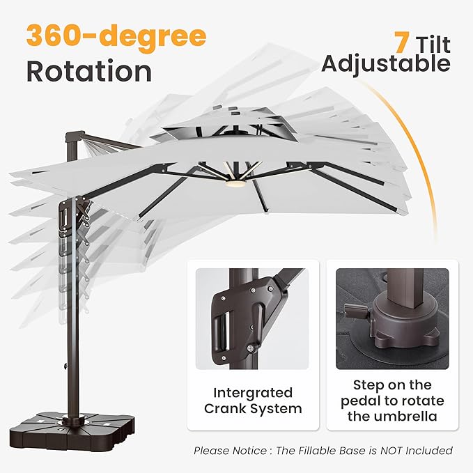 9x12 FT Cantilever Patio Umbrella with Led Lights Double Top Outdoor Rectangular Large Heavy Duty Aluminum Offset Umbrellas with 7 Level Tilt 360-degree Rotation for Pool Garden Deck, Fog Grey