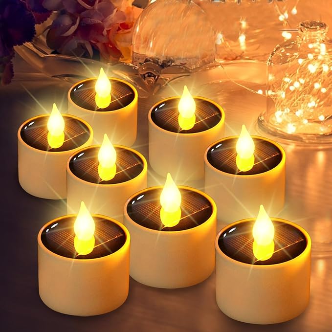 Solar Tea Lights Outdoor Waterproof - 8 Pack Rechargeable Flickering Candle Lights Solar Powered Reusable LED Candles Flameless Lamp Nightlights for Lanterns Garden Camping Home Decor, 2.3''x2.1''