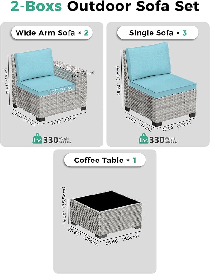 6 Piece Outdoor Wicker Rattan Sectional Sofa Set, 5-Seats Patio Furniture Conversation Set with 4" Thickened Cushions & Coffee Table, All-Weather PE Rattan for Garden, Backyard, Porch, Turquoise