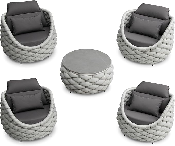 Front Porch Furniture 5 Piece Set: Aluminum Woven Rope Patio Conversation Sofa Set - Assembled Accent Chair Modern - Cushioned Armchair Couch Set for 400 lbs Deck Backyard Poolside Garden Hotel