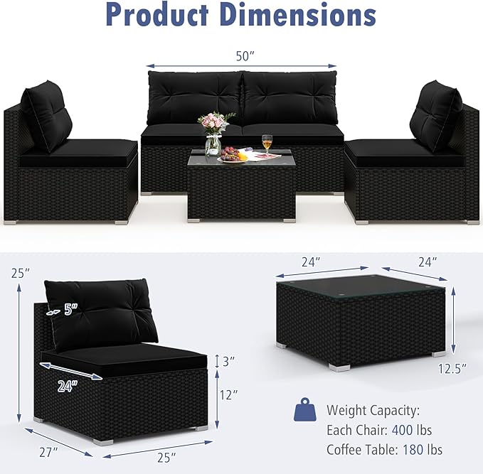 Tangkula 5 Piece Rattan Sofa Set, Outdoor Wicker Furniture Set w/Seat & Back Cushions, Square Coffee Table, Patio Sectional Sofa Set for Backyard, Poolside, Garden (Black)