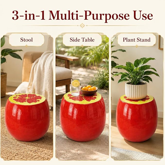 12.20" Pomegranate Outdoor Garden Stool, Funky Fruit Side Table Indoor, Vibrant Table Home Decor Plant Stand Garden Indoor Outdoor Decorations