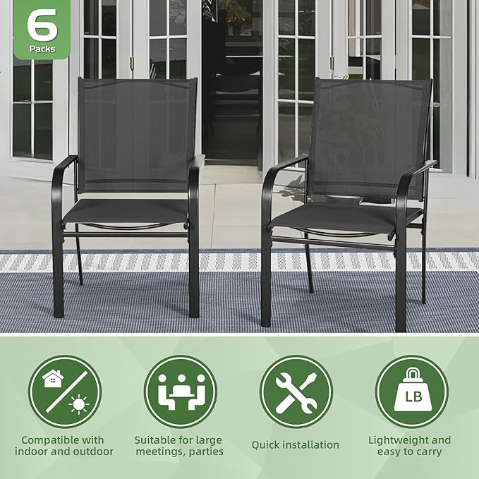 Incbruce 7 Pieces Outdoor Dining Set, Patio Metal Dining Set of 6 Textilene Chairs and Rectangle Table with Umbrella Hole for Lawn, Garden, Porch and Backyard (Black)