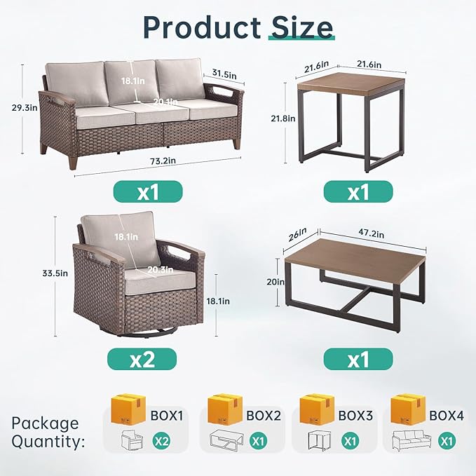 Luxury 5 Piece Heavy Duty Patio Furniture Set with Swivel Chairs - All Weather Wicker Comfort Thick Cushion Outdoor Conversation Set with Sofa & Coffee Table for Porch Poolside Deck - Beige