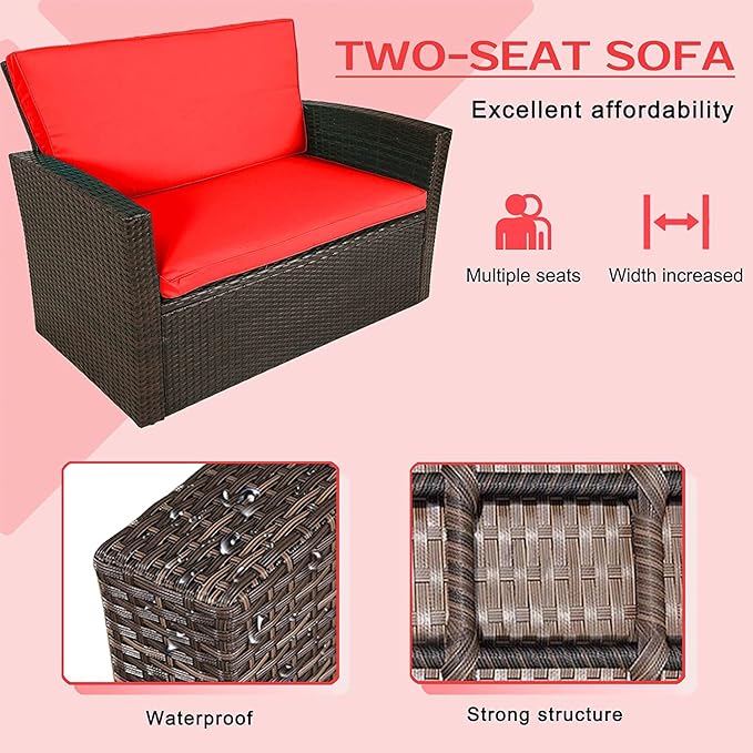 PayLessHere 4 Pieces Patio Conversation Set, Outdoor PE Rattan Wicker Sofa Furniture Set with Soft Cushions and Glass Coffee Table for Backyard Lawn Garden Balcony Porch Poolside,Red