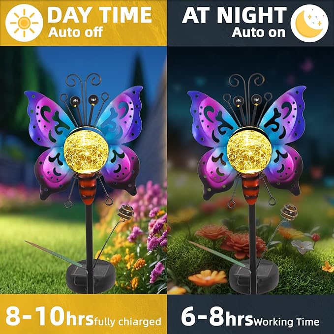 Solar Butterfly Garden Stake Lights Outdoor Waterproof 2 Pack Metal Butterfly Solar Lights for Outside Yard Lawn Patio Decor Garden Stakes Decorative Outdoor Lawn Ornaments Gardening Gifts for Women