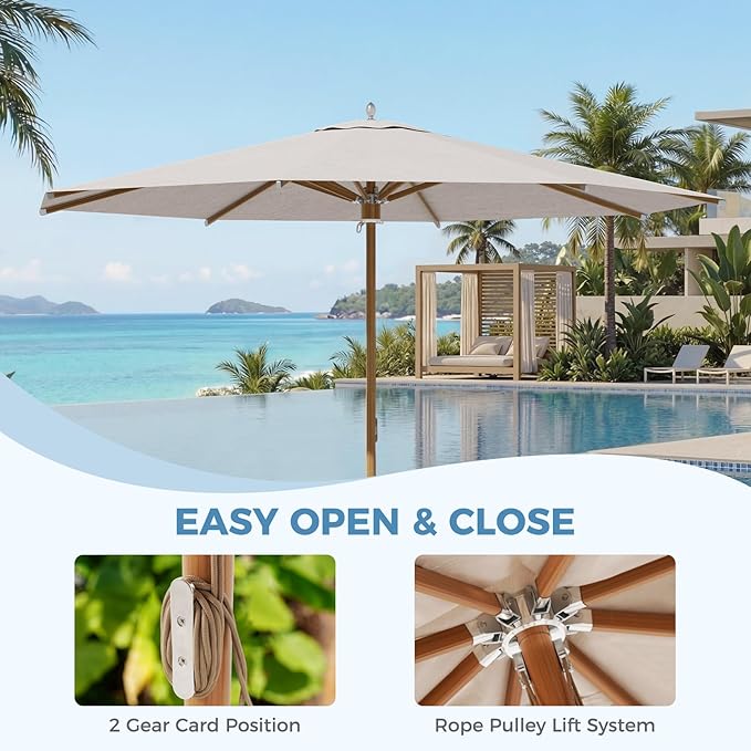 Grand patio 11 FT Sunbrella Patio Umbrella, Outdoor Umbrella with 8 Faux-Wood Grain Aluminum Ribs, Market Umbrella with Pulley Lift, Ventilation, Poolside, Deck, Backyard, Flax