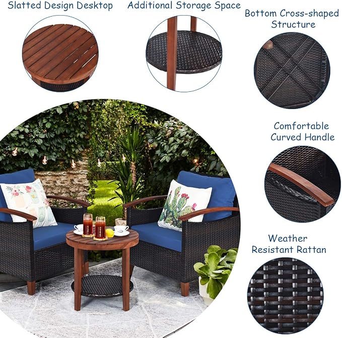 COSTWAY 3PCS Patio Rattan Furniture Set, Outdoor Solid Wood Frame Cushion Sofa with Round Table for Garden Porch Backyard Poolside (Blue)