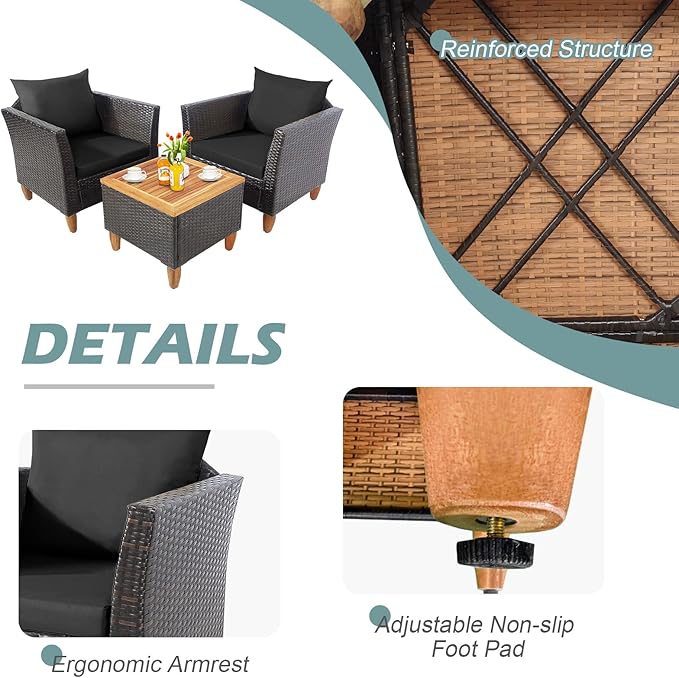 Tangkula 3-Piece Patio Furniture Set, Patiojoy Outdoor PE Wicker Bistro Set with Soft Cushions and Solid Acacia Wood, Outdoor Conversation Set with Porch, Balcony and Garden (Black)