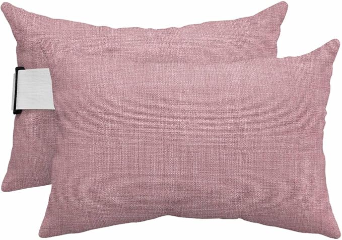 Pink Outdoor Lumbar Pillows 12x20 Set of 2, Farmhouse Burlap Solid Pink Color Modern Linen Texture Waterproof Throw Pillow Covers with Insert, Decorative Support Pillows for Lounge, Chaise