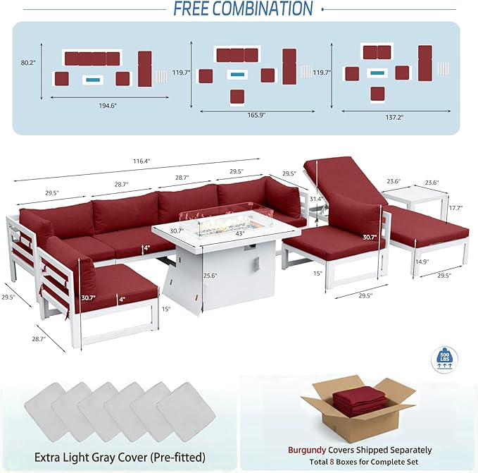 NICESOUL 9 Piece Large Contemporary Aluminum Outdoor Furniture Set with Chaise Lounge & Fire Pit Table, 29" Deep Couch Set, 500 lbs High Weight Capacity Patio Sectional Sofa for Poolside, Burgundy