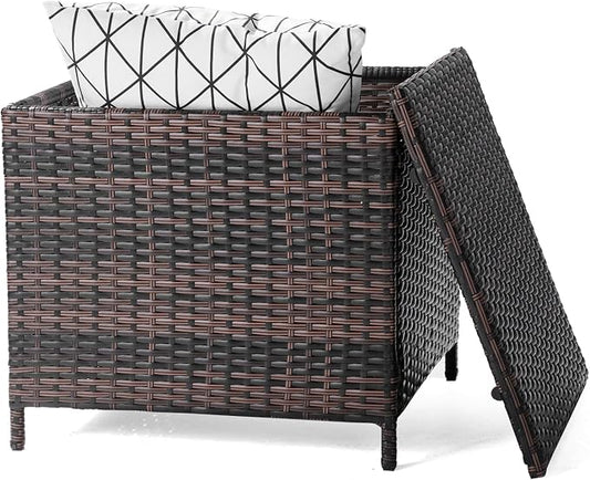 Patio Rattan End Table Square Container Outdoor PE Wicker Side Table with Storage for Furniture Covers Toys and Gardening Tools,Brown