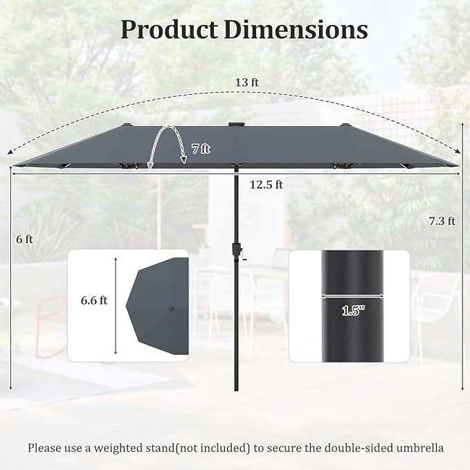 HAPPYGRILL 13 FT Double-sided Patio Umbrella with Solar Lights, Crank Handle & 12 Heavy-Duty Ribs, Outdoor Twin Size Oversized Rectangle Market Umbrella for Garden Deck Poolside