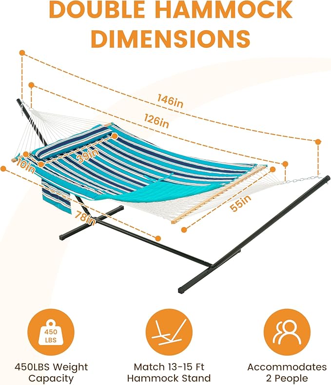 Lazy Daze Hammocks Rope Hammock with Pad, Spreader Bar, Carabiners, Tree Straps, Chains for Outside Patio- Max 450 Lbs, Turquoise Blue Stripes
