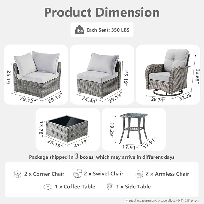 Wicker Patio Furniture Set, 8 Pieces Outdoor Sectional Sets with 6 Seats, Rattan Conversation Set with Swivel Chairs for Garden and Backyard, l Shape Couch Set
