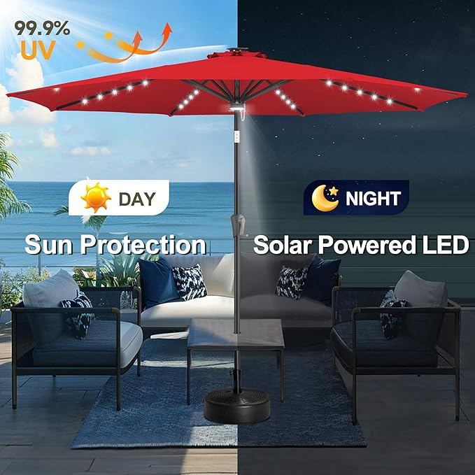 FLAME&SHADE 10 FT Solar Light Patio Umbrella, 40 LED Lights Outdoor Umbrella with Centre Surround Light, Table Market Umbrella for Deck, Pool, Porch, Backyard, Garden, UV Protection, Red