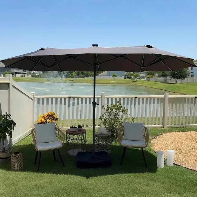 PURPLE LEAF 13ft Double-Sided Patio Umbrella with Solar Lights Outdoor Market Umbrella with Base and Crank Handle Table Umbrella for Backyard Pool Garden Deck, Grey