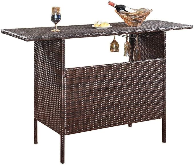 SPSUPE Outdoor Patio Rattan Bar Table, Wicker Bar Counter Table with 2 Steel Shelves and 2 Sets of Rails, 55.1"X 18.5"X 36.2" (L x W x H), Ideal for Garden, Backyard and Pool Side, Brown